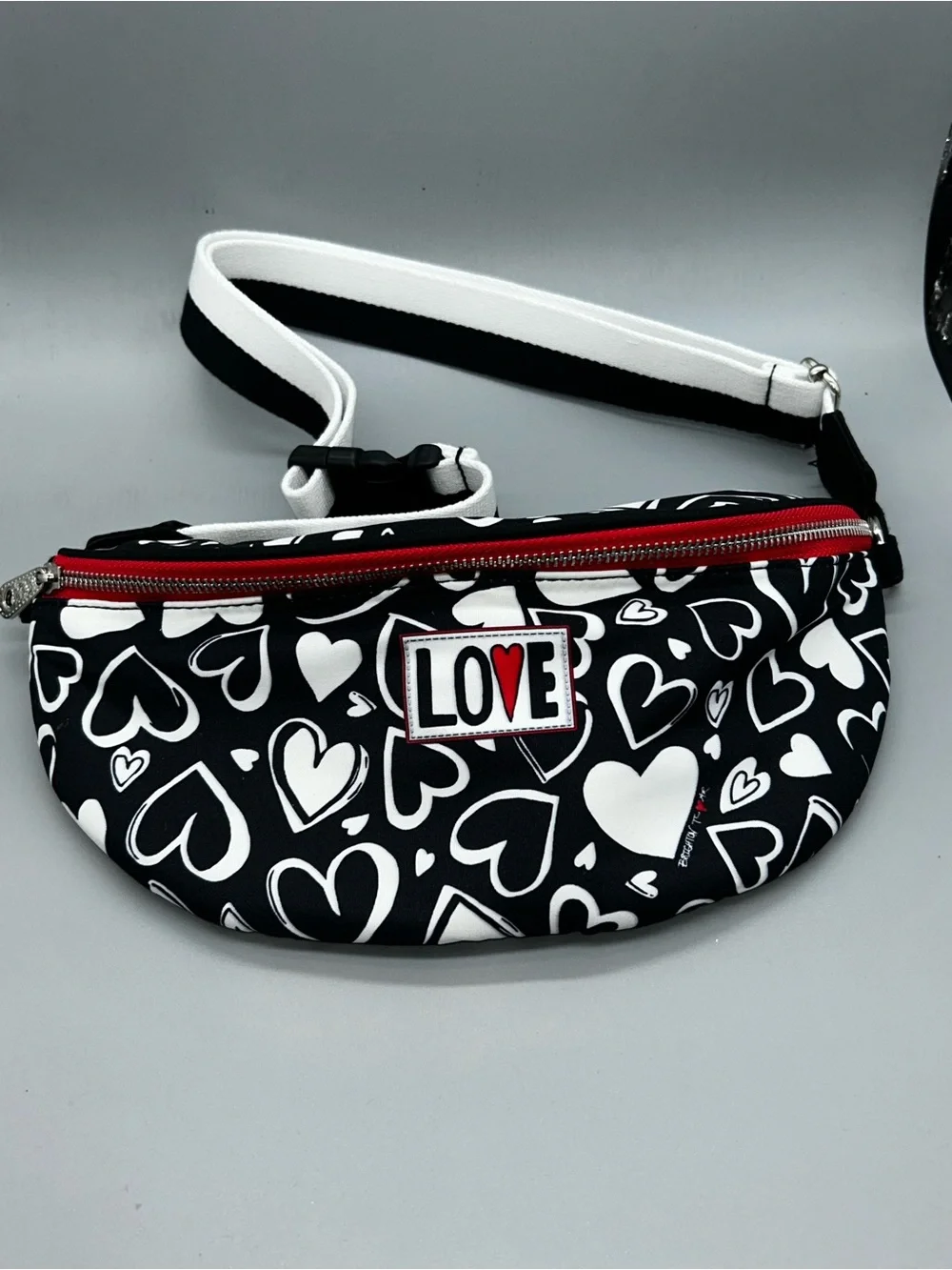 Brighton Black & White Heart-Print Crossbody with Red Zipper